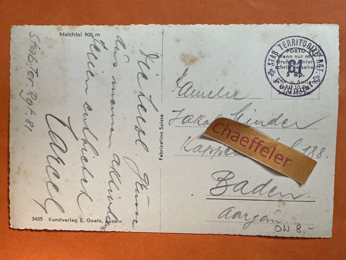 Cartoline postali: Melchtal,  Feldpost STAB TERRITORIAL RGT. 81 – Usato da Zürich venduto da Chaeffeler 1