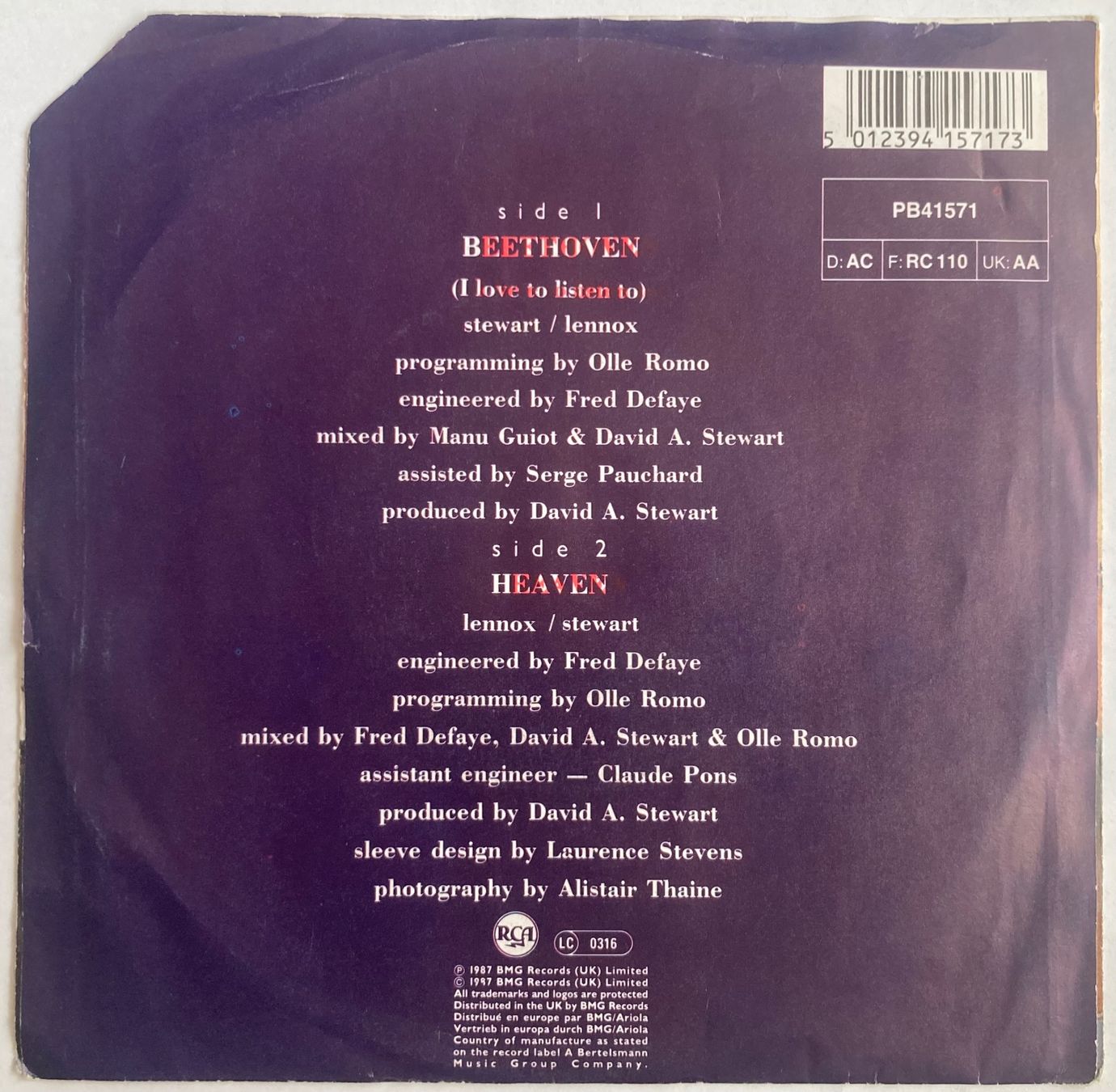 Dischi in vinile: EURYTHMICS - BEETHOVEN – Usato da Poliez-Pittet venduto da Newtown-Records 1