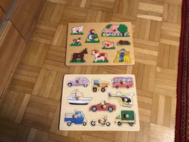 2 Holzpuzzle Bauernhoftiere und Fahrzeuge, Gutem Zustand!