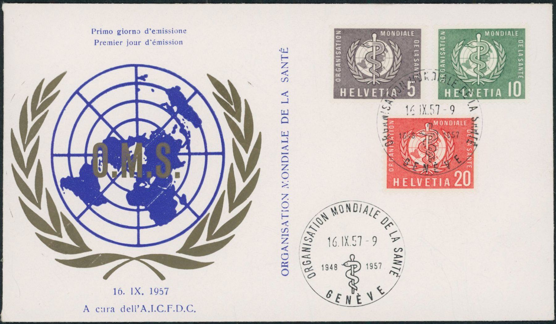 Alle Briefmarken: 1957 - Genfer Aemter - OMS - Ersttagsbrief FDC ET – Gebraucht aus Schindellegi von leecollect 1