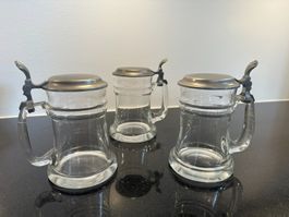3 Bierhumpen aus Glas mit Zinndeckel