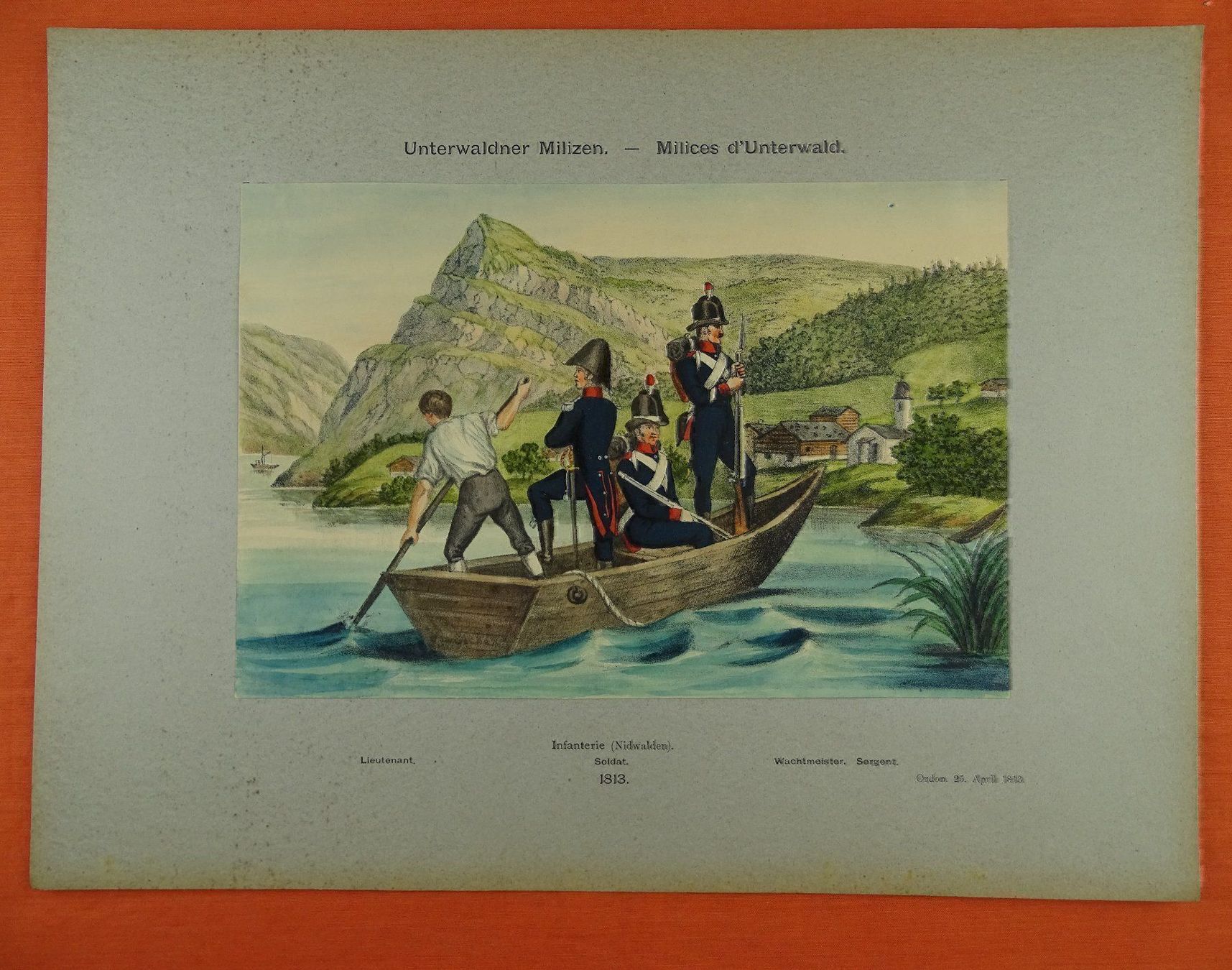 Grafica & Litografie: UNTERWADNER MILIZEN LITHOGRAPHIE UM 1890 – Usato da Grüningen venduto da Kartensammler 1