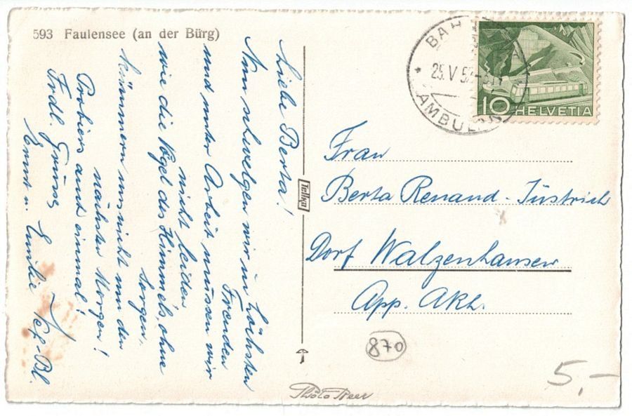 Cartoline postali: Faulensee, An der Bürg, gelaufen 1952 – Usato da Frauenfeld venduto da POML 1