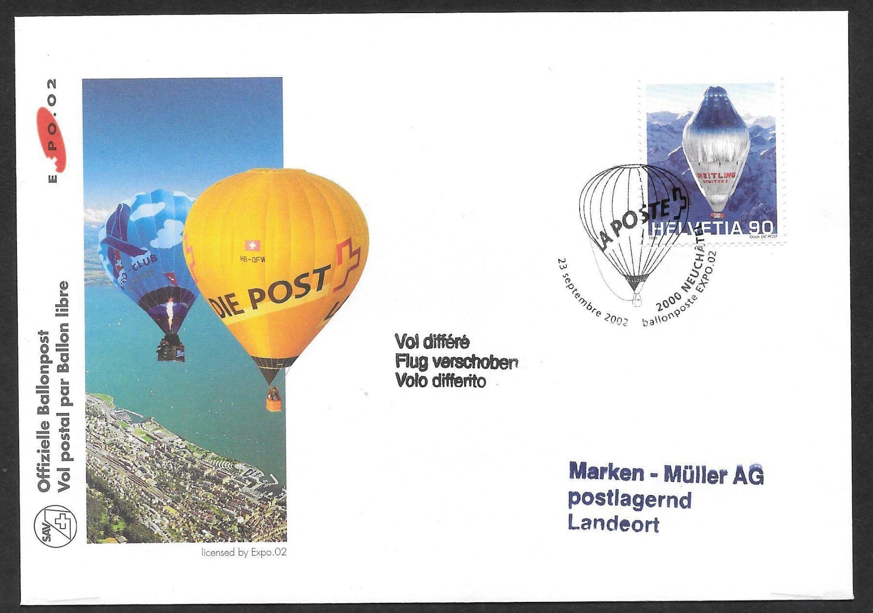 Alle Briefmarken: Ballonpostbrief S. 1834 Expo Neuchâtel 23.9.2002 – Neu (gemäss Beschreibung) aus Olten von clotaldi