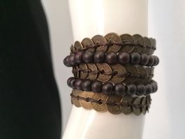 🤩BOHO-CHIC 5 ETHNO ARMBÄNDER MIT MÜNZEN & HOLZPERLEN NEU