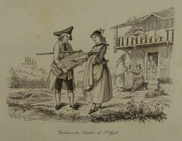 ST. GALLEN TRACHT, TUCHHÄNDLER, STICKEREI, STAHLSTICH 1836