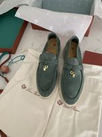 Loro Piana Summer Walk Loafers - Green Suede, Size 38!