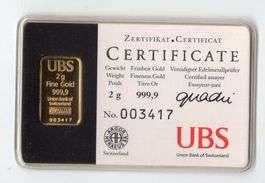 (2961) Goldbarren 2 g, UBS, kinebar