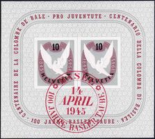 1945, Basler-Taube-Block Nr. W23, mit rotem Ersttag-Stempel.