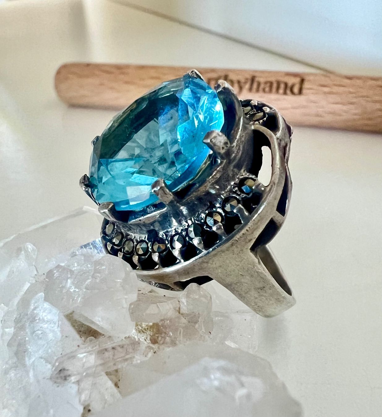 Ringe: Art Déco Ring Silber MPze – blauer Statementstein Markasiten – Gebraucht aus Ruswil von artbyhand 2