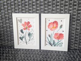 Zwei Aquarell Blumen in weissen Bilderrahmen neu Handgemalt