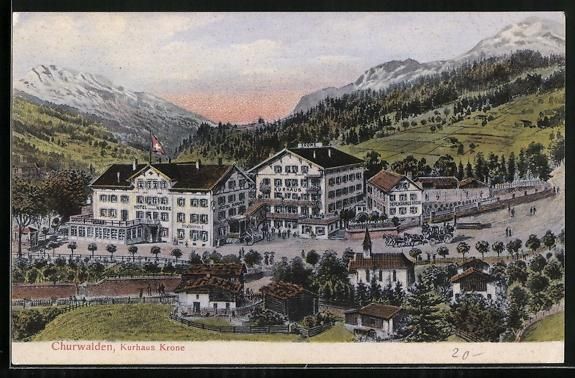 Cartoline postali: Churwalden, Kurhaus Krone mit Umgebung – Usato da Berlin venduto da bartko-reher