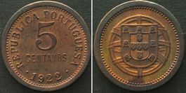 PORTUGAL. 5 Centavos 1922, bronze, KEY DATE! RRR!