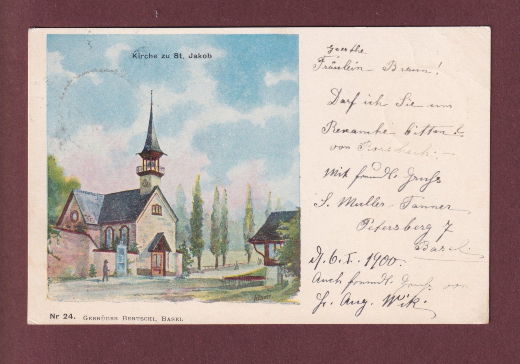 Cartoline postali: BASEL - Kirche St. Jakob - 1900 – Usato da Pully venduto da nicecards