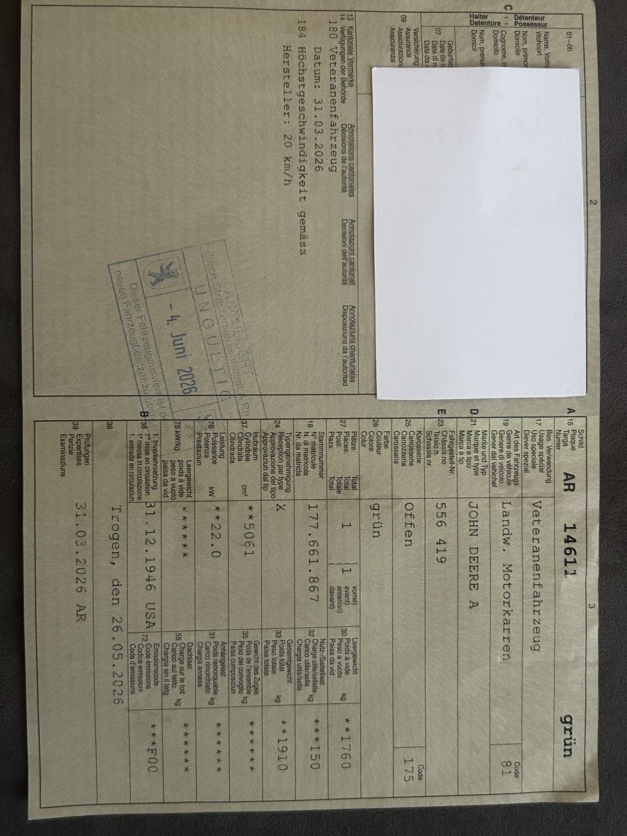 John Deere Trattori: Traktor John Deere Modell A – Usato da Herisau venduto da Wildheuer1986 1