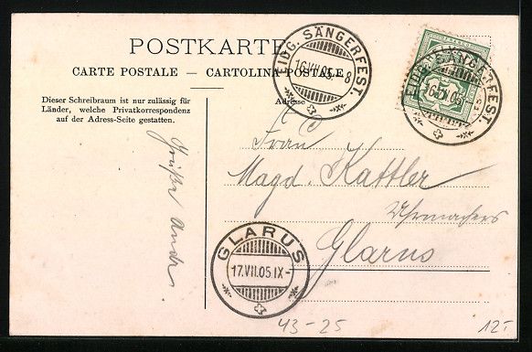 Ansichtskarten: Zürich, Eidg. Sängerfest 1905, Festhal – Gebraucht aus Berlin von bartko-reher 1