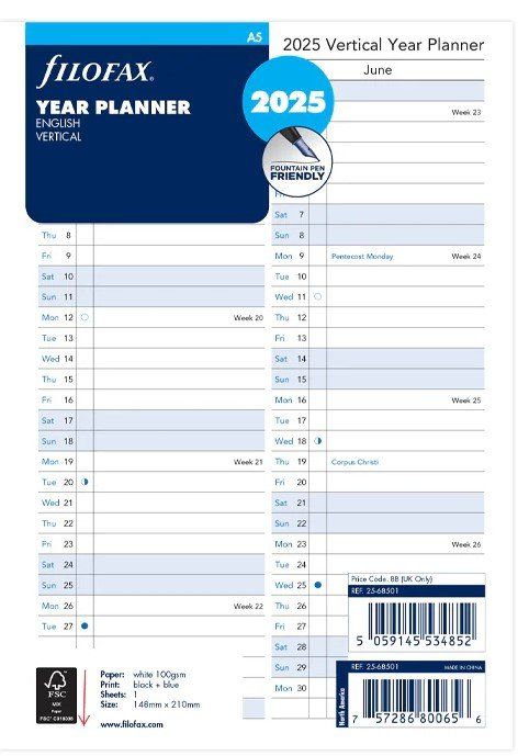 Filofax A5 2025 Year Planner English Vertical Ausklappbar (Neu und ...