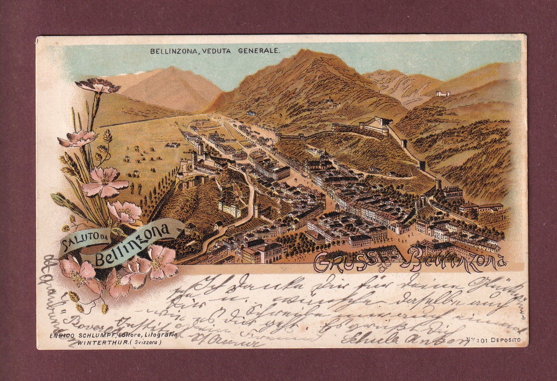 Cartoline postali: Saluto da BELLINZONA - 1898 - Litho Schlumpf – Usato da Pully venduto da nicecards