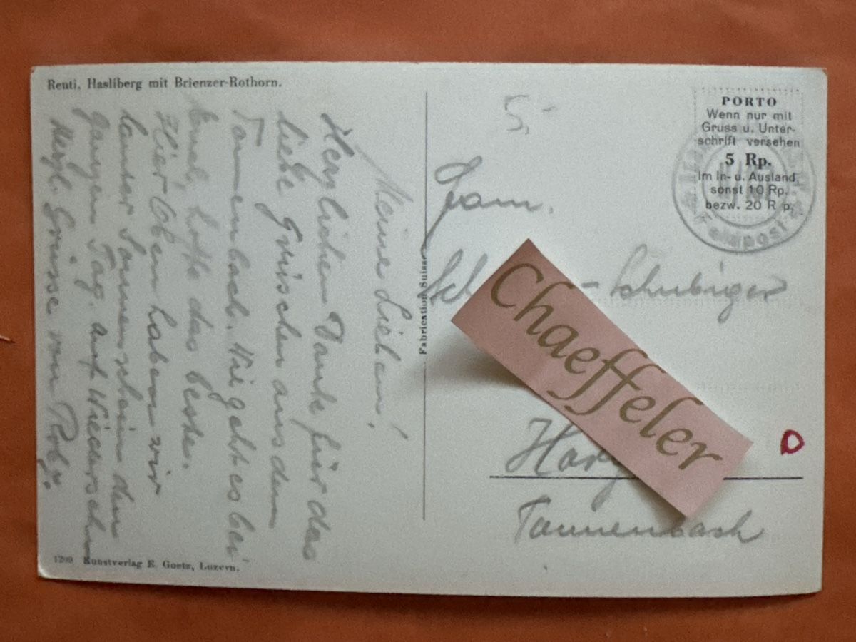 Cartoline postali: Feldpost: Reuti, Hasliberg mit Briezer-Rothorn – Usato da Zürich venduto da Chaeffeler 1