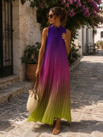 Hallhuber Plissee Maxikleid Gr.40, Violett Pink Grün | Ombré