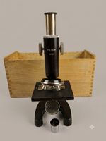 Alter Mikroskop Polycon 600x mit Holzkiste - Vintage/Antik.