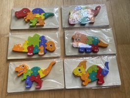 6 bunte Holz-Puzzles mit verschiedenen Dinos NEU