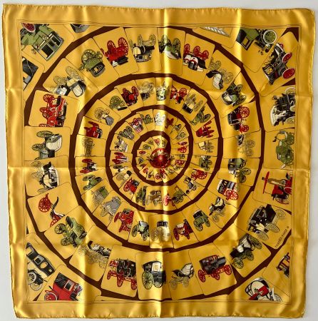 Superbe foulard HERMES-Paris "Carrosserie" 1975, avec box