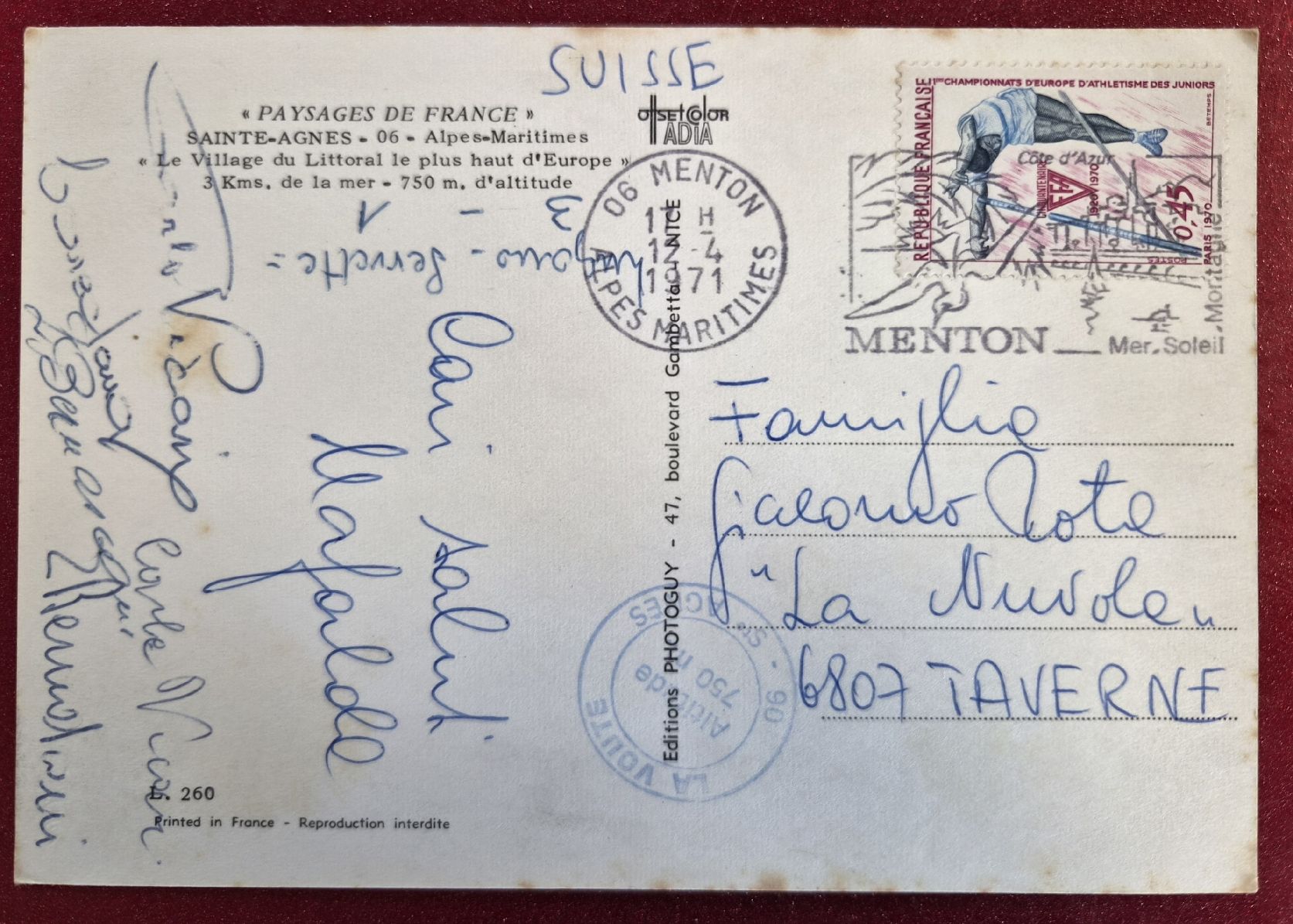 Cartoline postali: Sainte-Agnès France 1971 – Usato da Melchnau venduto da Arthurius 1