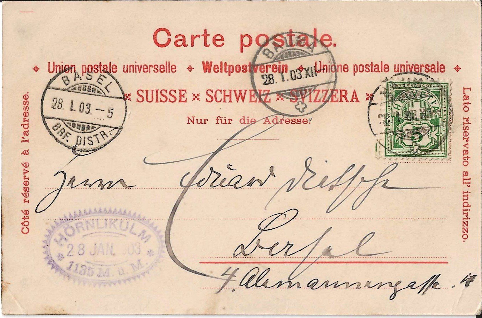 Cartoline postali: Karte Hörnli  1903 – Usato da Zürich venduto da Philacat11 1