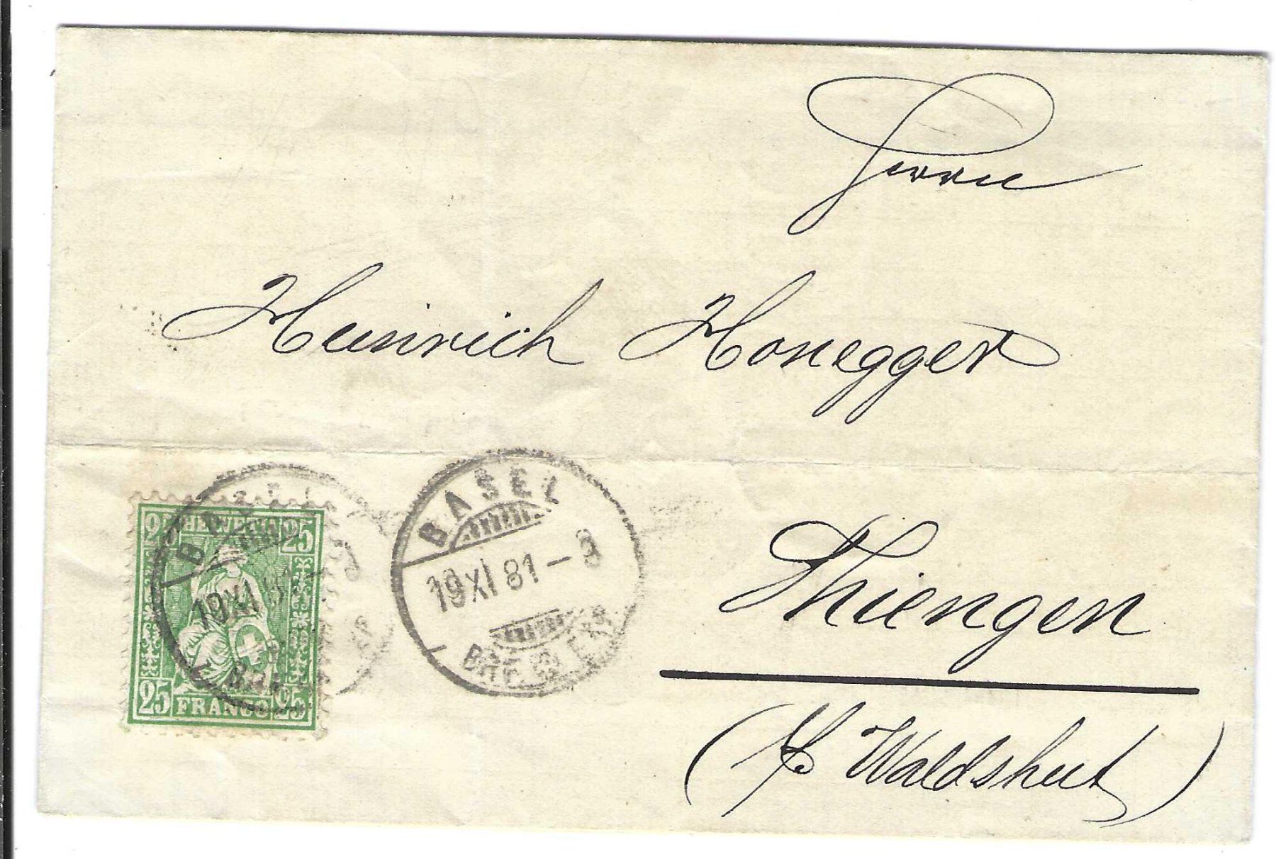 Tutti i francobolli: Ausland Faltbrief Basel - Thiengen 1881 – Usato da Wildhaus venduto da Brunphil