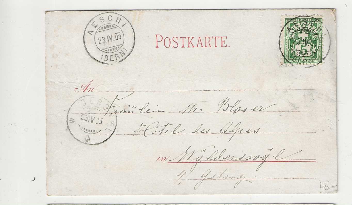 Ansichtskarten: Aeschi bei Spiez,  Litho, 1905 – Gebraucht aus Spiez von Niesen20 1