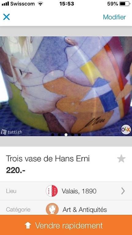 Vasi & Recipienti: 3 Vases de Hans Erni. – Usato da St. Maurice venduto da Benoit12 3