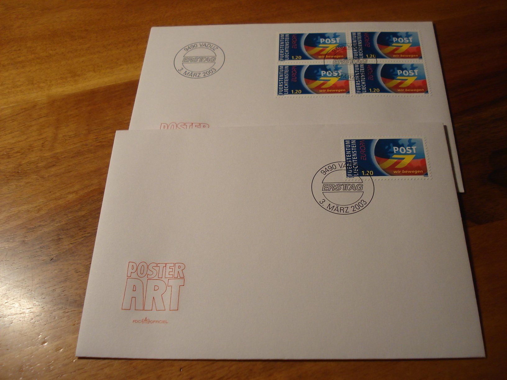 Alle Briefmarken: Liechtenstein 2003, Post FL, FDC Einzel + 4erblock – Gebraucht aus Niederwil AG von morostahu 1