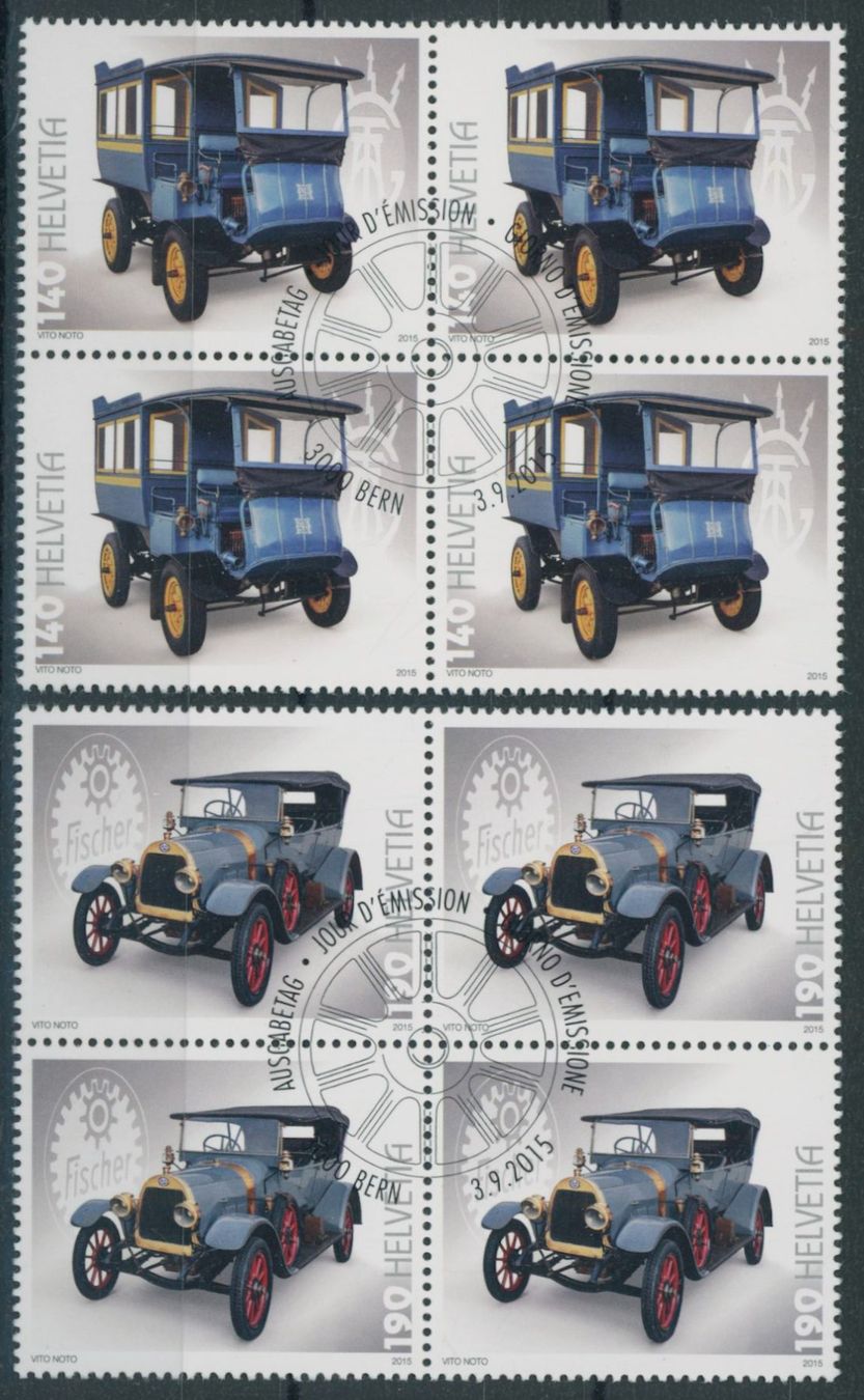 Tutti i francobolli: 2015 Schweizer Automobile - Viererblock - Ersttag Stempel ET – Usato da Schindellegi venduto da leecollect