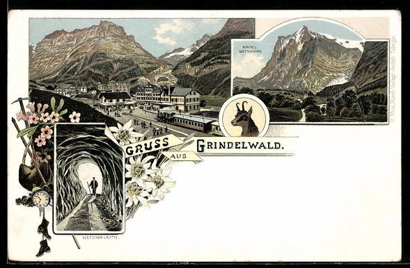 Ansichtskarten: Lithographie Grindelwald, Bahnhof, Bergpanorama, Gletschergr – Gebraucht aus Berlin von bartko-reher