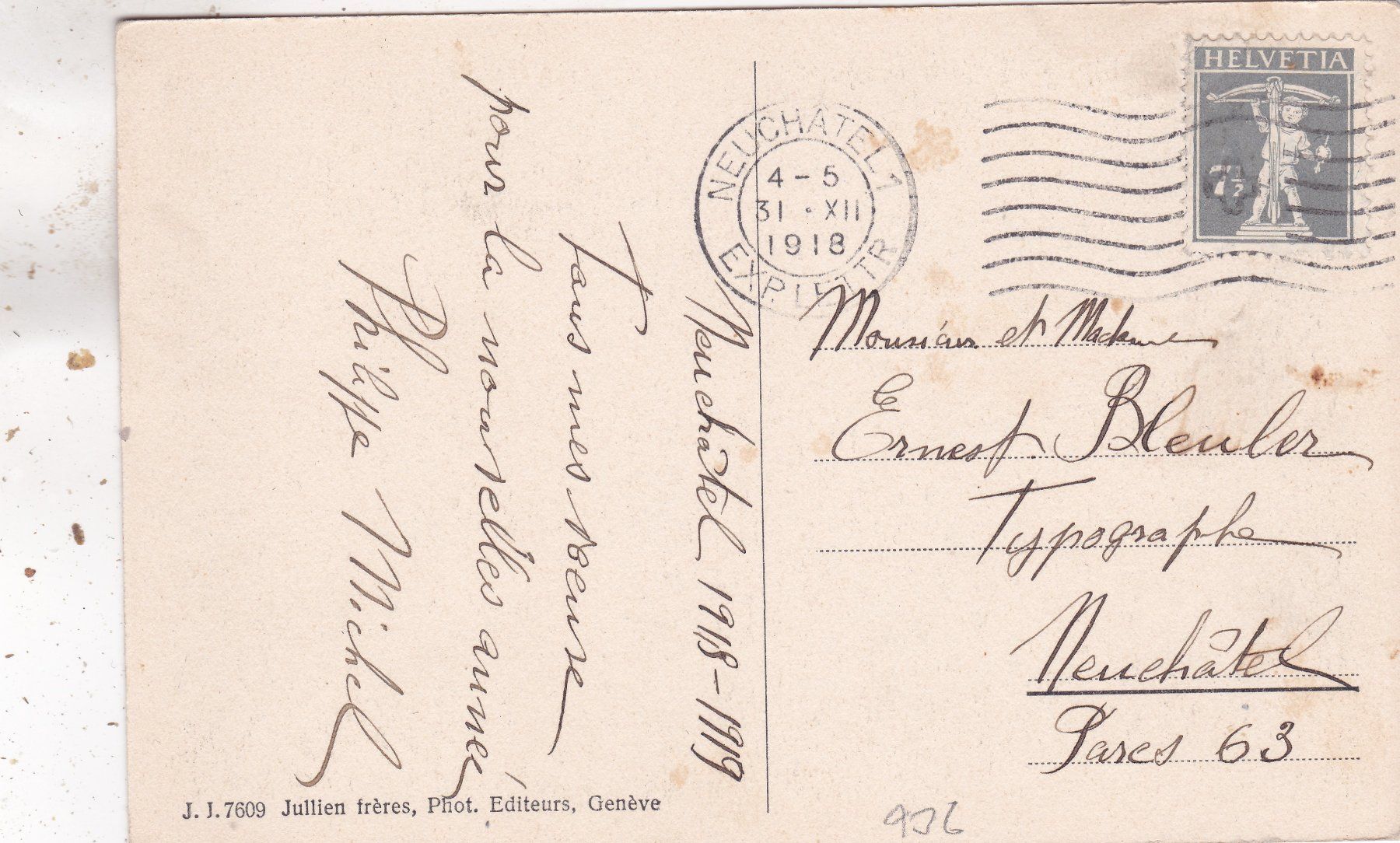Cartoline postali: Kitsch Landschaft See Bonne Année 1918 – Usato da Herisau venduto da Lisegrat2008 1