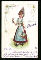 Litho Frau in Schweizer Tracht mit Blume
