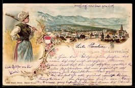 Lithographie Solothurn, Ortsansicht mit Frau in Tracht