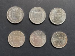 Lot de 6 pièces de 5 francs suisse argent - Collection