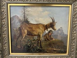 Antikes Gemälde mit Hirte und Ziege um 1850