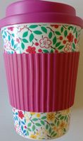 Isolierbecher mit Blumenmuster und pinkem Deckel - vie Neu