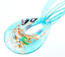 Neu! Original Murano Glas Anhänger, Hellblau mit Gold / Band