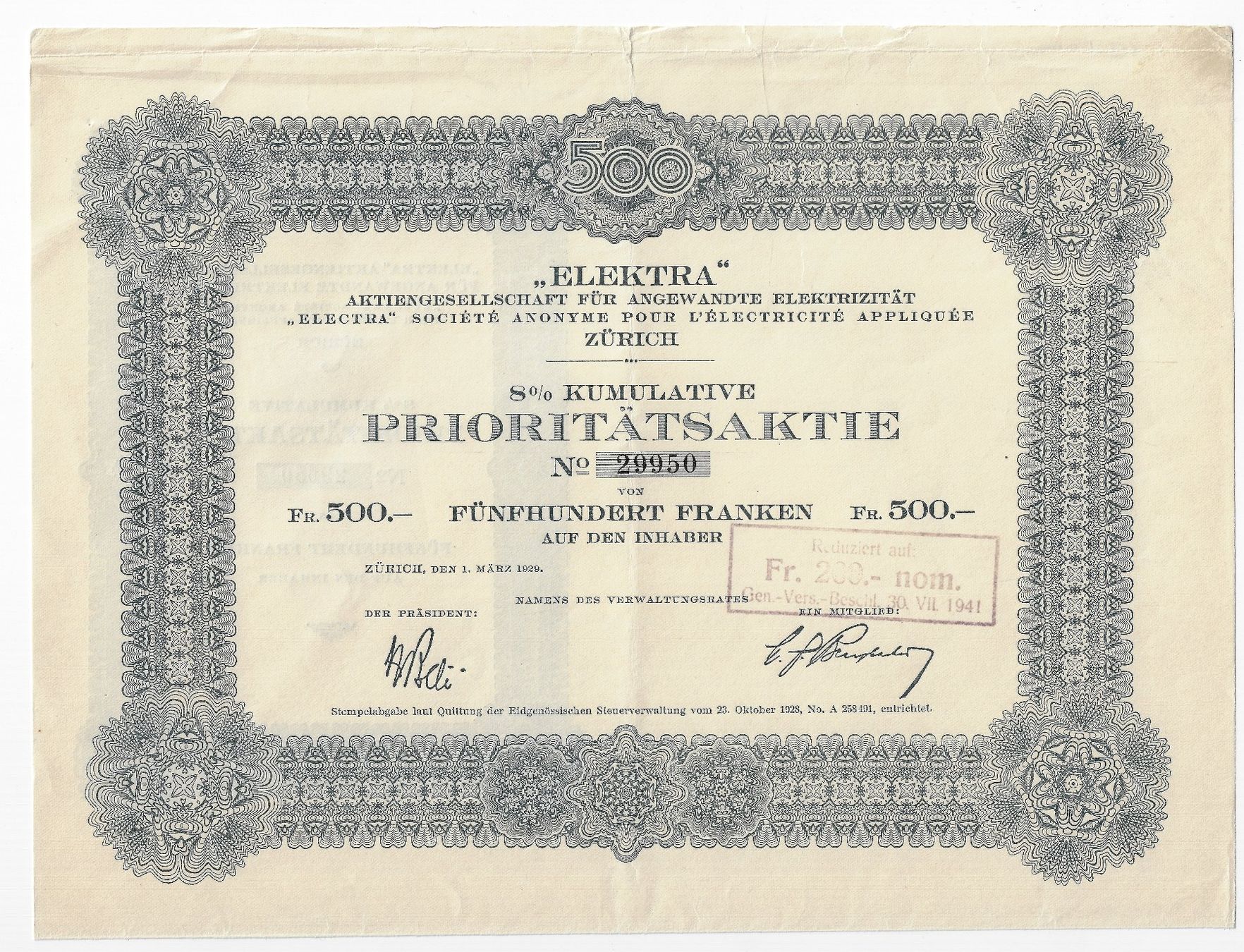 Documenti: ELEKTRA Zürich - Aktie – Usato da Balsthal venduto da Palcivalle