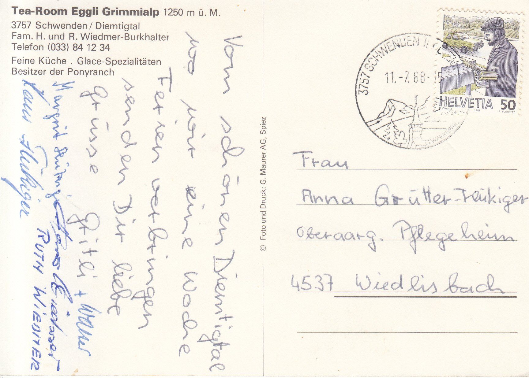 Cartoline postali: Grimmialp Eggli 1988 – Usato da Bürglen TG venduto da StampGraf 1