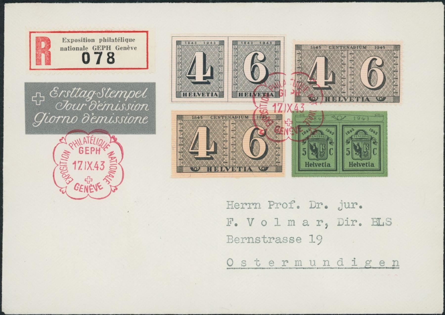 Alle Briefmarken: 1943  Doppelgenf - Blockausschnitt - FDC - Gaudard – Gebraucht aus Schindellegi von leecollect
