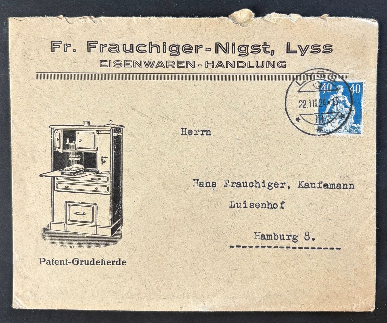 Tutti i francobolli: FR.FRAUCHIGER-NIGST LYSS PATEND-GRUNDHERDE 1924 – Usato da Ostermundigen venduto da wini63