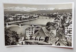 Fotokarte Basel die 3 Rheinbrücken - Bahnlinie Lok - 1935