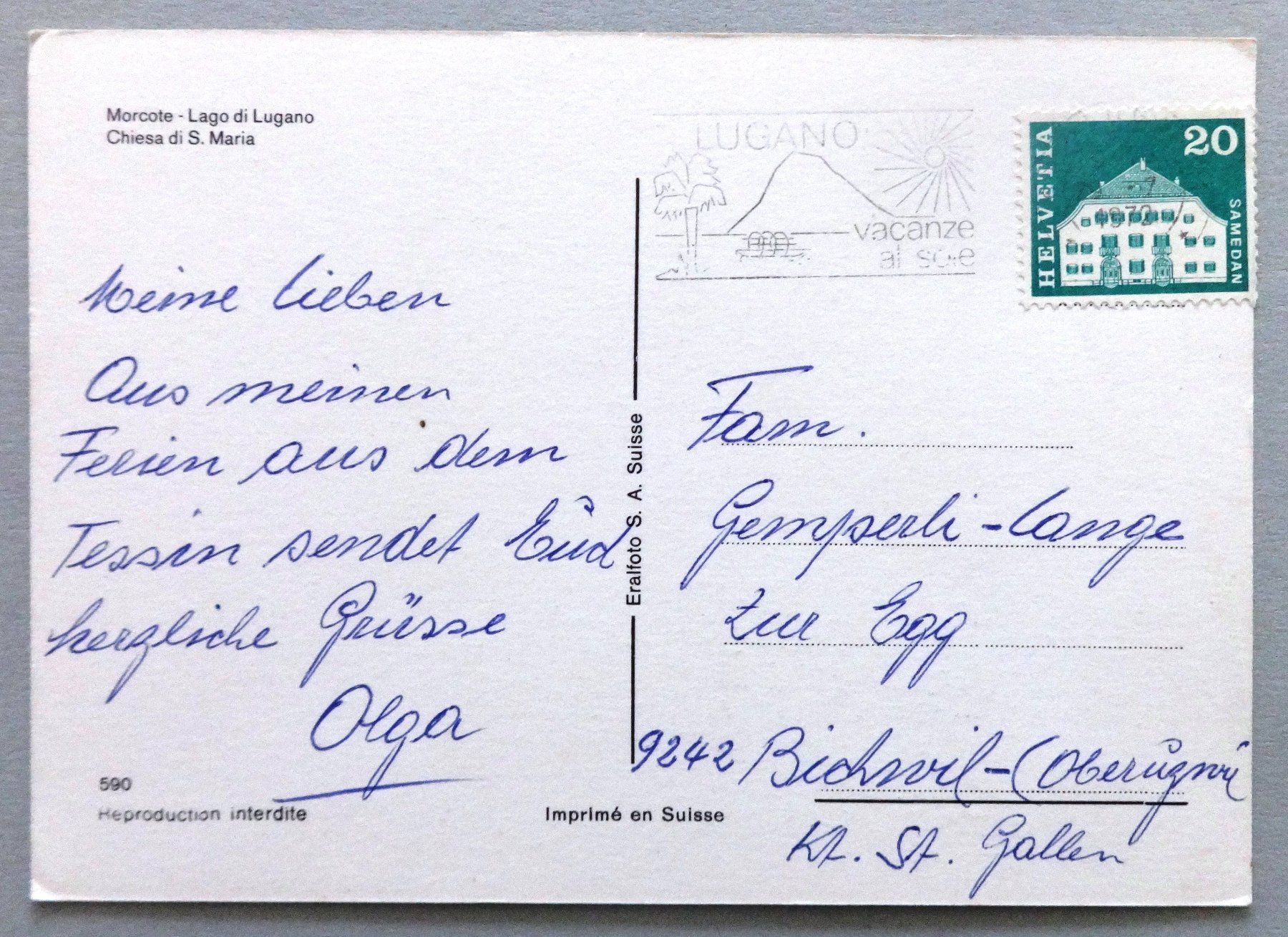 Cartoline postali: Morcote, Chiesa di S. Maria – Usato da Fétigny venduto da Billy2miny 1