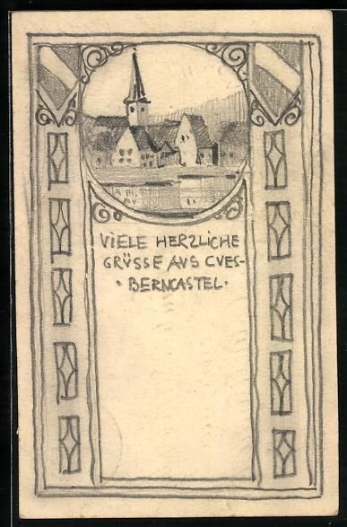 Cartoline postali: Handgemalt: Berncastel, Ortsansicht mit  – Usato da Berlin venduto da bartko-reher
