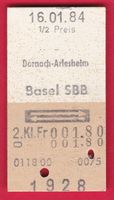 KARTON BILLETT,DORNACH-ARLESHEIM - BASEL SBB,2.KLASSE,RETOUR